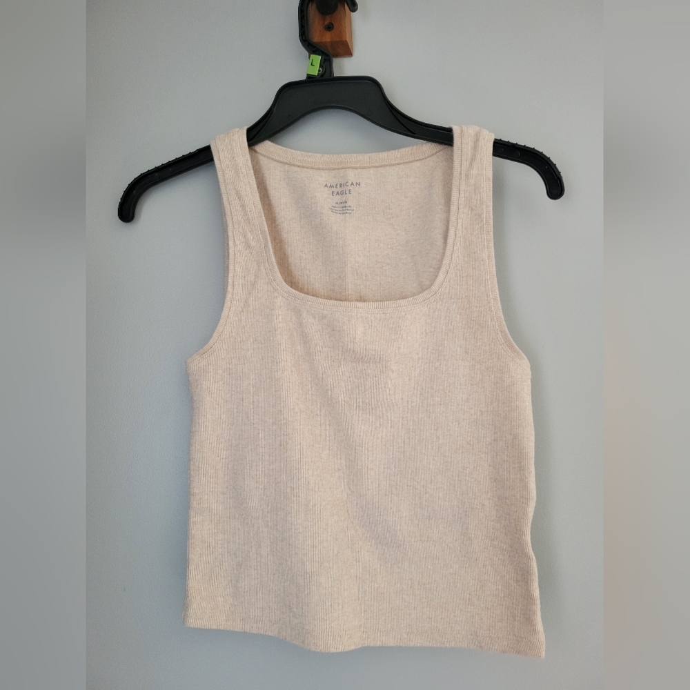American Eagle Size M Cropped Ribbed Tank Square Neck Cream Tan